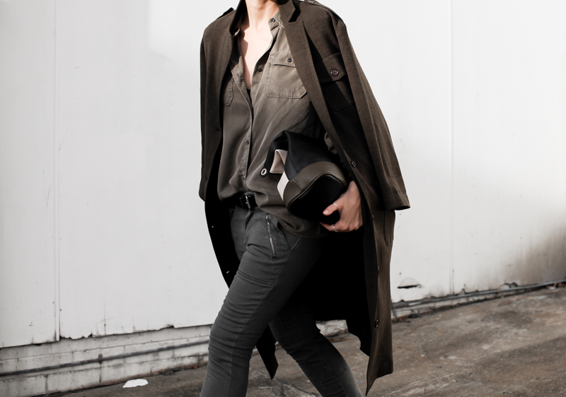 Military Fashion Trend: Kaitlyn Ham is wearing a brown shirt with black skinnys jeans from Witchery and an Asos coat