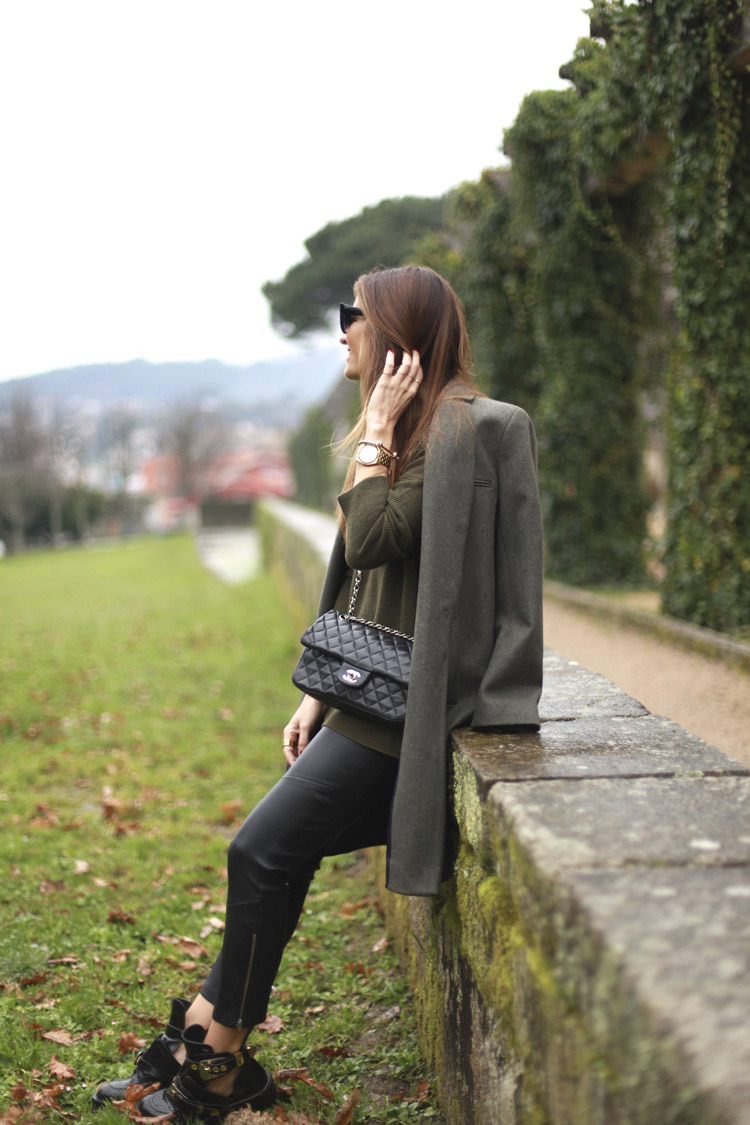Military Fashion Trend: Silvia Garcia is wearing a coat from American Vintage, and the khaki sweater is from Zara