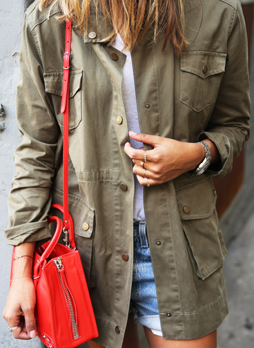 The Military Fashion Trend: Julie Sarinana is wearing a Sincerely Jules khaki army jacket 